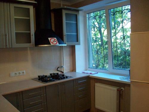 une cuisine avec une cuisinière et une fenêtre dans l'établissement 1 комнатная квартира студио возле ТРЦ Днепроплаза, à Tcherkassy