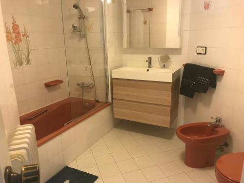 un bagno con wc, lavandino e doccia di Precioso apartamento en S'Agaró con fantásticas vistas al mar a Sant Feliu de Guíxols
