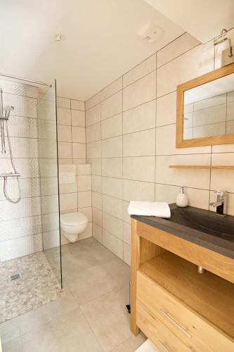 une salle de bain avec une douche, un lavabo et des toilettes dans l'établissement Le Bianca 102 Residence l'Epinette, à Valloire