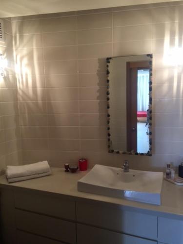 a bathroom with a sink and a mirror at Raphael Apartments in Herzelia 