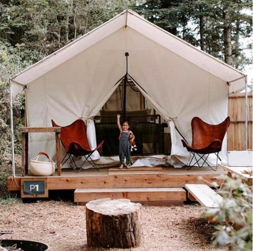 a boy standing in a tent with two chairs at Mendocino Grove in Mendocino