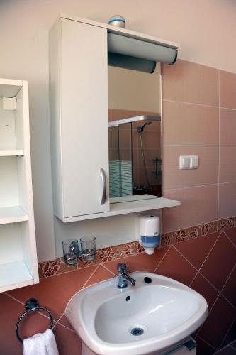 a bathroom with a sink and a mirror at Arany Szőlő Wellness Apartmanház in Hévíz