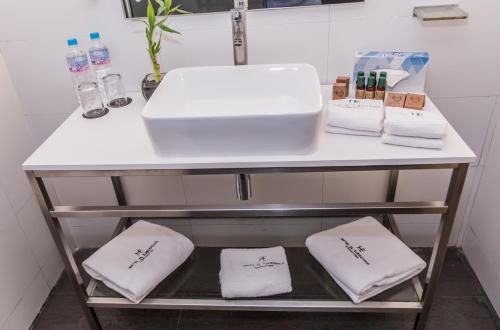 a sink and towels on a shelf in a bathroom at Hotel El Ejecutivo by Reforma Avenue in Mexico City