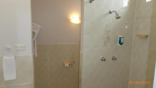 a bathroom with a shower stall and a toilet at Tower Court Motel in Hervey Bay