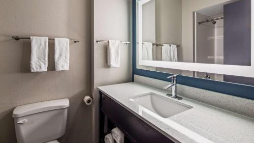 a bathroom with a sink and a toilet and a mirror at Best Western Rock Hill in Rock Hill