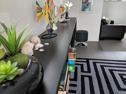a black counter in a living room with plants at Hanover Bay Apartments in Albany
