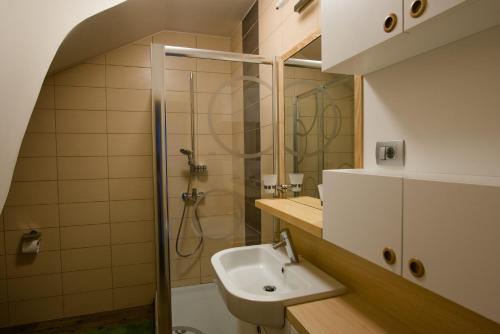 a bathroom with a sink and a shower at Luxury apartment with a nice view in Kranjska Gora in Kranjska Gora