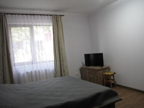 1 dormitorio con 1 cama, TV y ventana en Agropensiunea Maris, en Feleacu