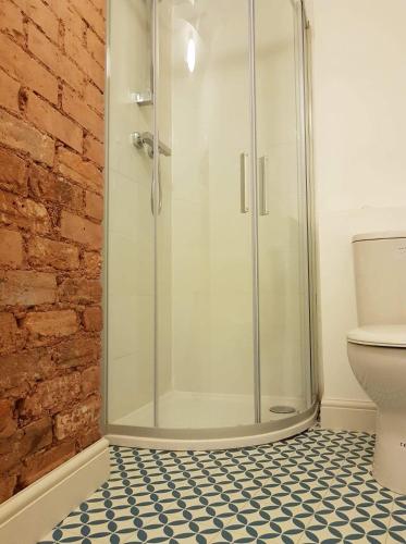 a bathroom with a shower and a toilet at The Blue Mantle in Wellington