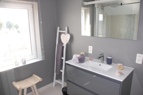 uma casa de banho com um lavatório e um espelho em Bed & Cook em Aubel