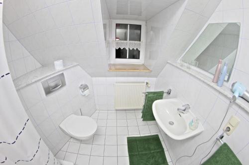 a white bathroom with a toilet and a sink at Landhotel Jagdschloss in Windelsbach