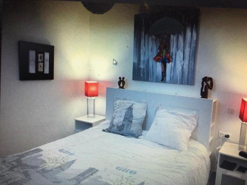 a bedroom with a bed and a picture of a woman with an umbrella at Terrasse tropézienne centre Nimes in Nîmes