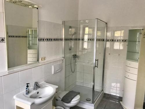 a bathroom with a shower and a toilet and a sink at Ferienwohnung Holtenau in Altenholz