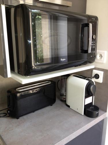 d'un four micro-ondes et d'un grille-pain sur une étagère. dans l'établissement Appartement Cherche-Midi, à Paris