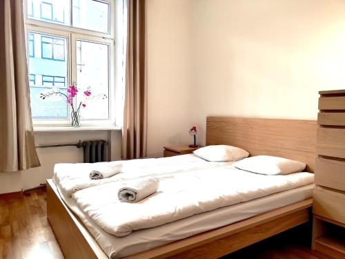 Brivibas Center Apartments tesisinde bir odada yatak veya yataklar