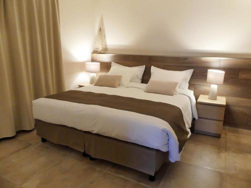 a large bed in a hotel room with two lamps at Les Ambaciales in Amboise