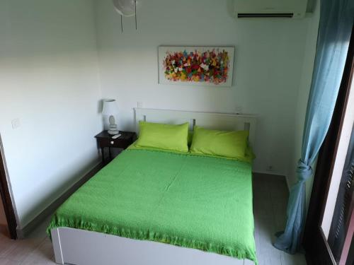 een slaapkamer met een bed met een groene sprei bij Casa Nova Adele + Pelletsoffen in Denia