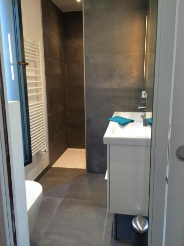 une salle de bain avec toilettes, lavabo et douche dans l'établissement Villa Lou Gaou, à Six-Fours-les-Plages