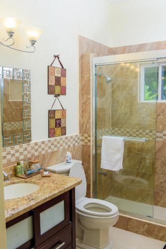 a bathroom with a toilet and a glass shower at Tropical Luxury Dreams in Ocho Rios