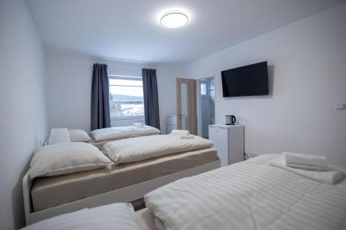 a room with three beds and a flat screen tv at Apartmán Petra in HoÅ¡Å¥ka