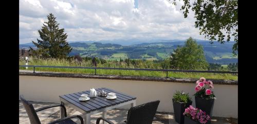a table and chairs with a view of a valley at Schönblick Hotel Garni Ferienwohnungen in Lindenberg im Allgäu