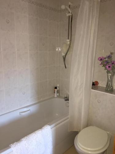 a bathroom with a white tub and a toilet and a sink at 3 Marina Quay in Lossiemouth