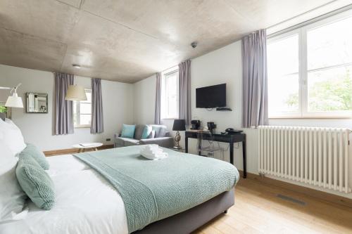 - une chambre avec un lit, un canapé et une télévision dans l'établissement La Pipistrelle Hotel, à Luxembourg