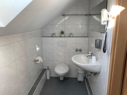 a white bathroom with a toilet and a sink at Hotel zum Adler in Bad Homburg vor der Höhe