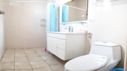 a white bathroom with a toilet and a sink at 花蓮幸福有約1799電梯民宿 in Hualien City