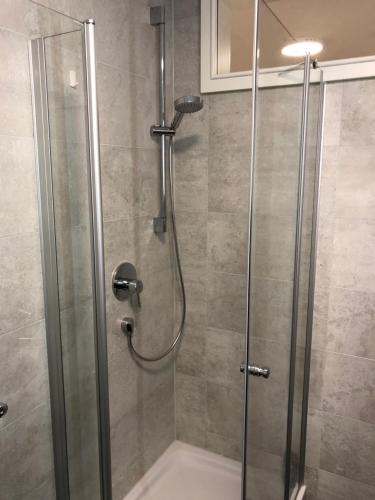 cabina de ducha con puerta de cristal en Apartment am Schloßplatz Erlangen, en Erlangen