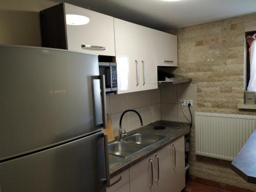 a small kitchen with a sink and a refrigerator at Willa Klaudia Ustroń Centrum in Ustroń