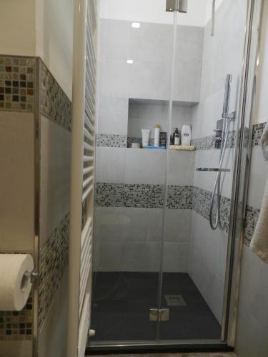 a shower with a glass door in a bathroom at Casa Sissi in Albisola Superiore