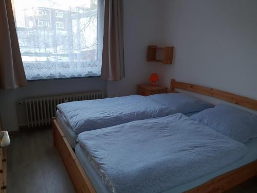 ゴスラーにあるFerienwohnung Harzlustのツインベッド2台 窓付きのベッドルーム1室
