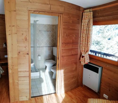 a bathroom with a toilet and a shower at Hotel Paradisia in Cogne