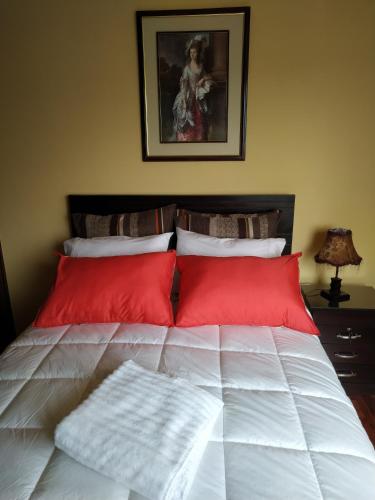 a bed with red and white pillows and a painting at Apartamento Exclusivo VIP in La Paz