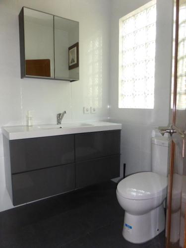 a bathroom with a toilet and a sink and a mirror at Castaway Surf Retreat in Sekongkang