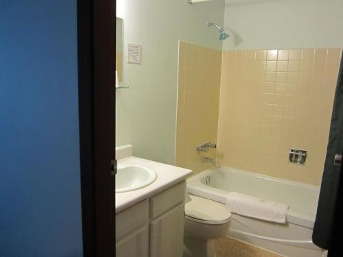 a bathroom with a sink and a toilet and a tub at Aleeda Motel in Prince Rupert