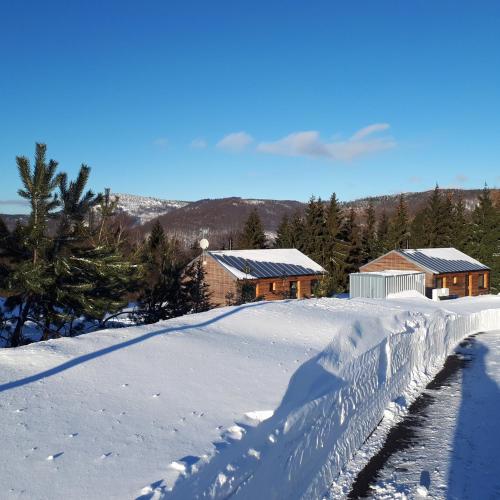 a snow covered yard with houses in the background at Chata Luční in Klíny
