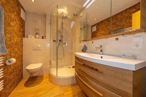 a bathroom with a shower and a sink and a toilet at Ferienwohnung Sonnenhäusl in Mittenwald