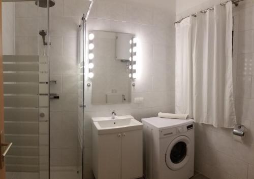 ein Badezimmer mit einer Waschmaschine und einem Waschbecken in der Unterkunft Apartment nahe Rosenhügel in Wien