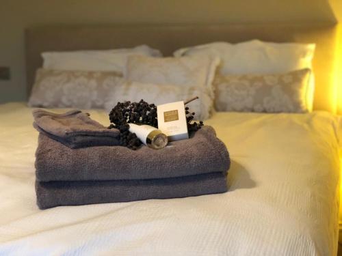a bed with a blanket and a truck on it at Beechwood 4, Kenmare Luxurious Living in Killowen
