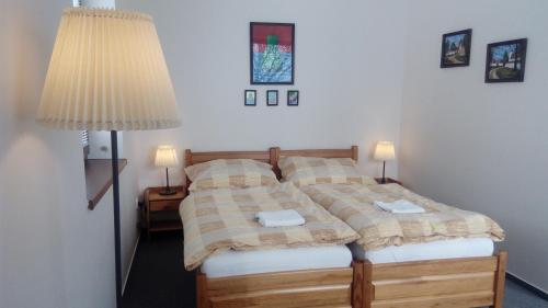 1 dormitorio con 1 cama con 2 almohadas y lámpara en Rekreace Zelba en Strážné