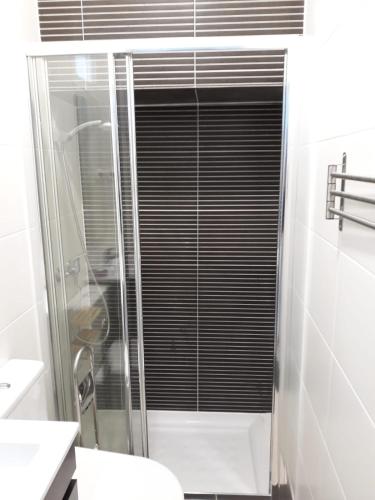 a shower with a glass door in a bathroom at Chainha's Dream Apartment in Sesimbra