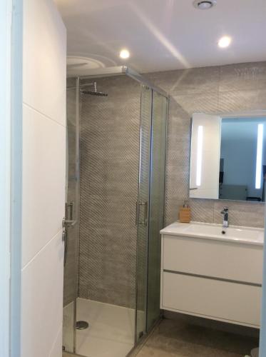 une salle de bain avec douche et lavabo dans l'établissement Appartement Centre ville Cassis, à Cassis