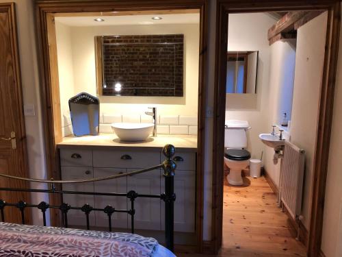 a bathroom with a sink and a toilet in a room at Quince Cottage in Potter Heigham
