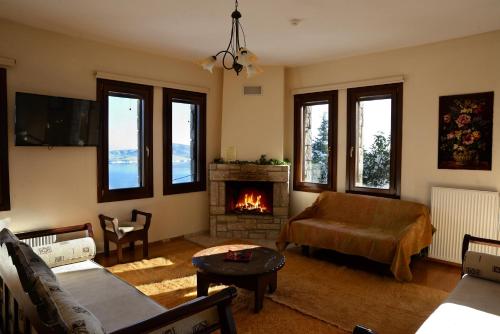 a living room with a couch and a fireplace at Anthemion in Neochori