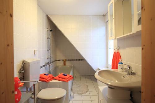 a small bathroom with a sink and a toilet at Ferienwohnung Thien in GroÃŸ Niendorf