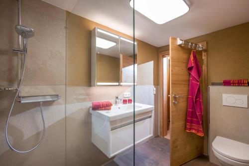 ein Bad mit einer Dusche, einem Waschbecken und einem WC in der Unterkunft Achrainer-Moosen in Hopfgarten im Brixental