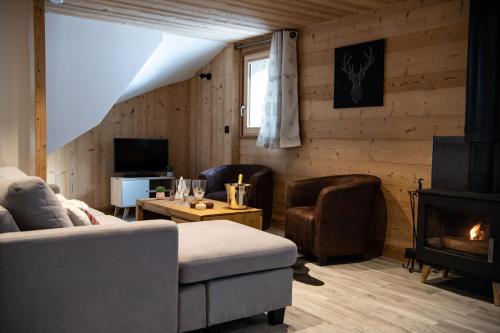 a living room with a couch and a fireplace at Chalet Victoire in Chamonix-Mont-Blanc