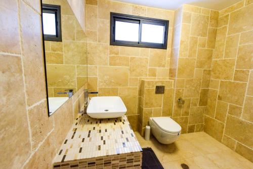 La salle de bains est pourvue de toilettes et d'un lavabo. dans l'établissement Villa Daniela heated pool וילה דניאלה בריכה מחוממת, à Eilat